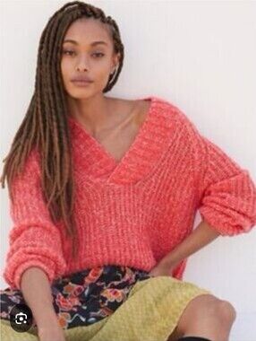 EUC Anthropologie Honore Chunky Knit V-Neck Sweater in Coral Orange Xs